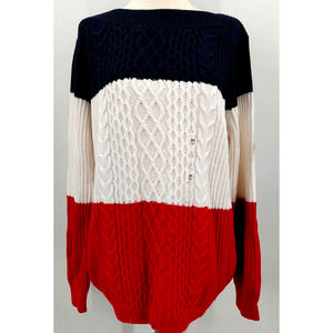 TOMMY HILFIGER M red white blue color block knit boat neck sweater NWT H5 *soil